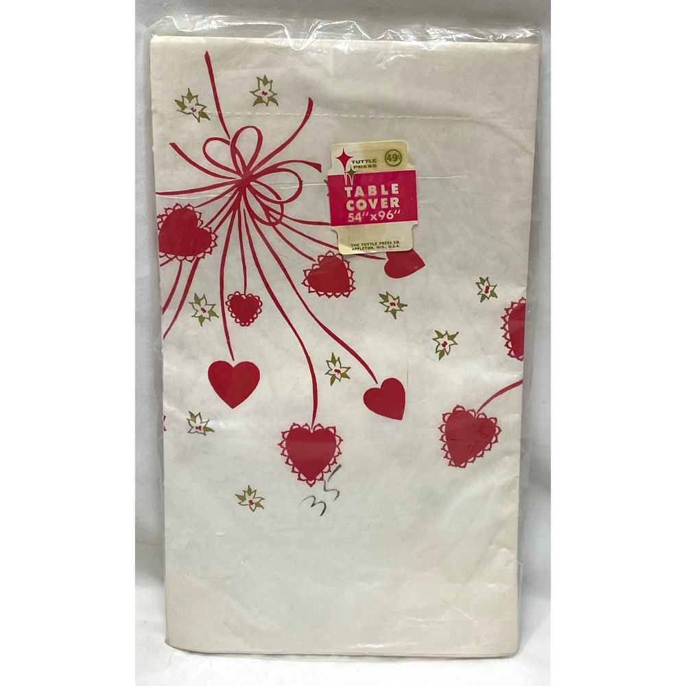 VTG VALENTINE'S DAY Red Heart Bow Paper Tablecloth Cover 54"x96" NOS